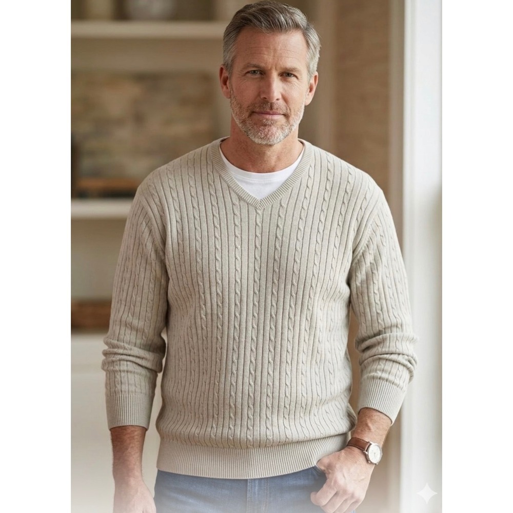 IZOD Mens XL V-Neck Cable Knit Sweater Oatmeal Beige 100% Cotton Pullover